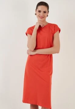 LELA Short Sleeve Midi - Jurk - Brick Red -Damesmode a104e0761a2f48eab030ed8cc7355f59